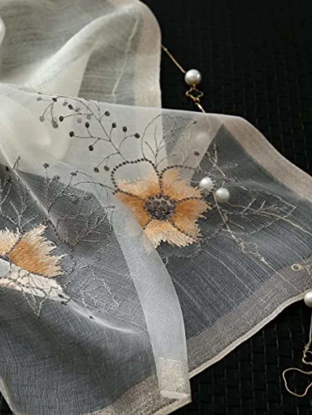 Mulberry Silk Blend Long Embroidered Floral Scarf Shawl Wrap Neckerchief